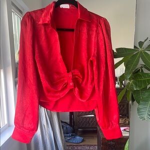 Vestique Red Crop Blouse with Tie Front and Notched Collar